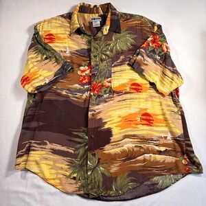Untied Mens XL Hawaiian Shirt Tropical Sunset Palm Tree Brown Floral Resortwear